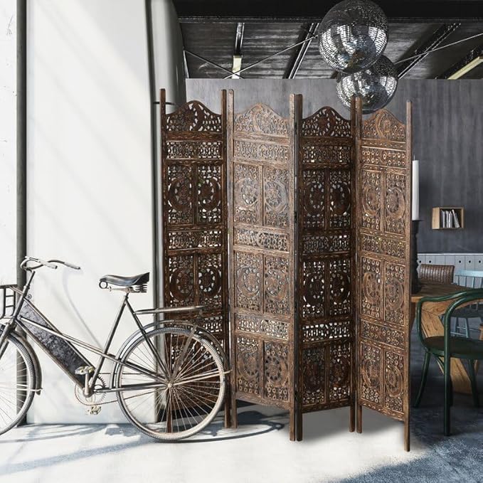 Wooden Sun & Half Moon Pattern Living Room Partition Divider, Carved Wood Folding Room Divider, Folding Privacy Screens, Modern Living Room Bedroom Decoration, Exquisite Carved Freestandings