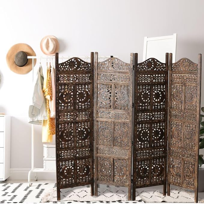 Wooden Sun & Half Moon Pattern Living Room Partition Divider, Carved Wood Folding Room Divider, Folding Privacy Screens, Modern Living Room Bedroom Decoration, Exquisite Carved Freestandings