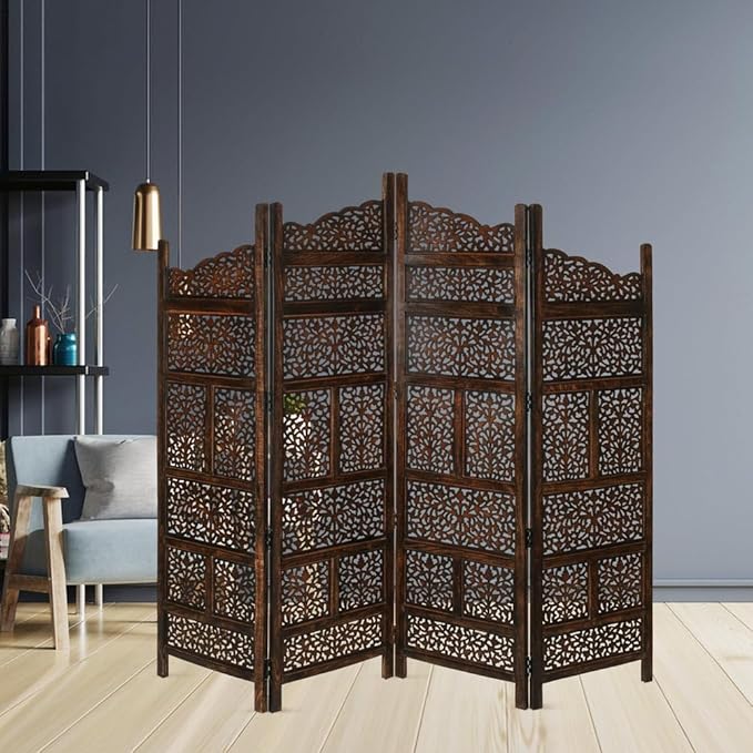 Wooden Laser Panel Room Divider, Carved Wood Folding Room Divider, Folding Privacy Screens, Modern Living Room Bedroom Decoration, Exquisite Carved Freestanding Room Dividers Brown 4 Panels