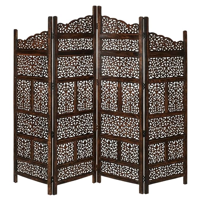 Wooden Laser Panel Room Divider, Carved Wood Folding Room Divider, Folding Privacy Screens, Modern Living Room Bedroom Decoration, Exquisite Carved Freestanding Room Dividers Brown 4 Panels