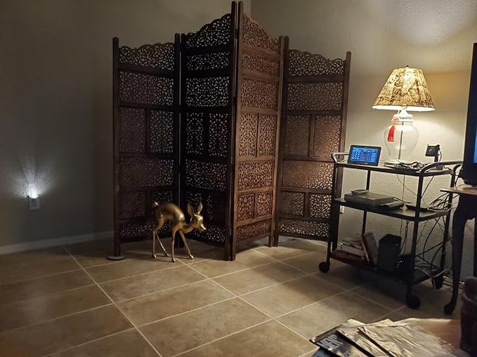 Wooden Laser Panel Room Divider, Carved Wood Folding Room Divider, Folding Privacy Screens, Modern Living Room Bedroom Decoration, Exquisite Carved Freestanding Room Dividers Brown 4 Panels
