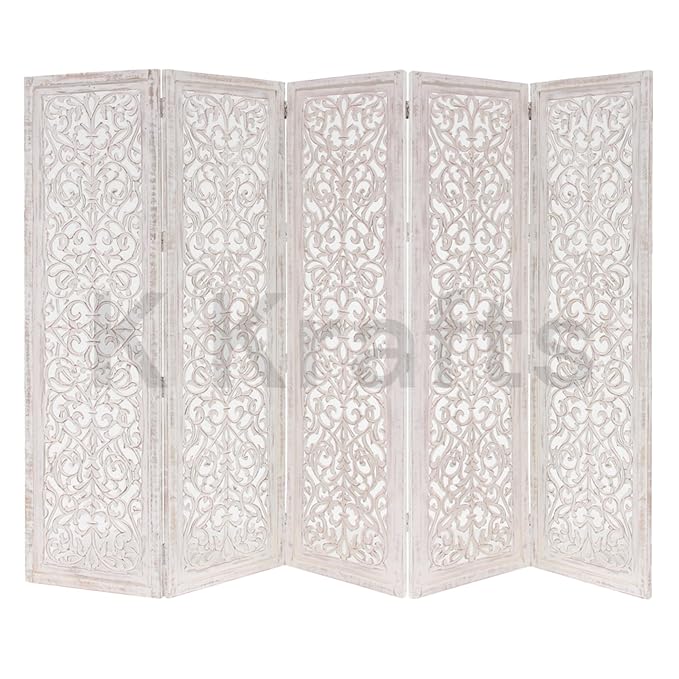 Wooden Room Partition, Room Divider, Carved Wood Folding Room Divider, Folding Privacy Screens, Modern Living Room Bedroom Decoration, Room Dividers (Distressed White 5 Panel)