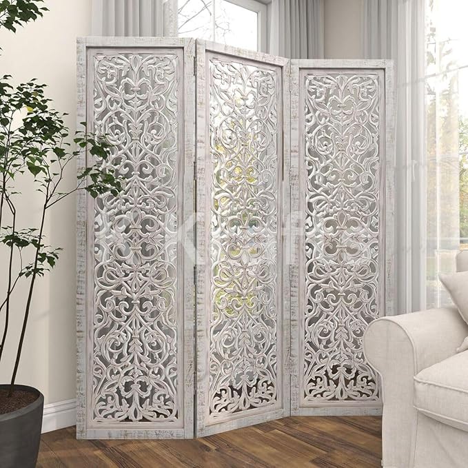 Wooden Room Partition, Room Divider, Carved Wood Folding Room Divider, Folding Privacy Screens, Modern Living Room Bedroom Decoration, Room Dividers (Distressed White 5 Panel)