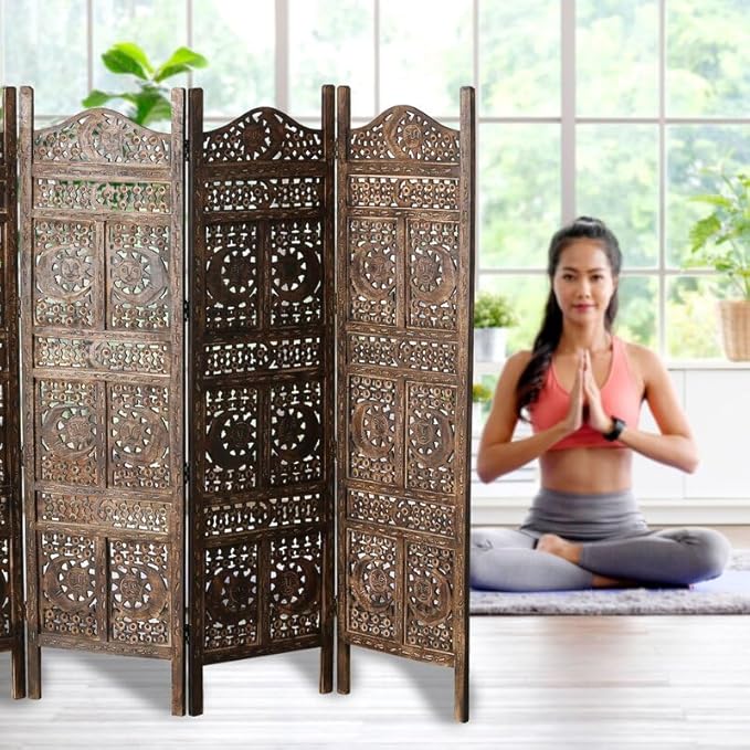 Wooden Sun & Half Moon Pattern Living Room Partition Divider, Carved Wood Folding Room Divider, Folding Privacy Screens, Modern Living Room Bedroom Decoration, Exquisite Carved Freestandings